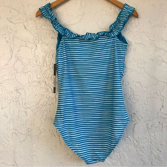 NICOLE MILLER One Piece Stripe Off Shoulder Ruffle Swim Bathing Suit Size 10 - Picture 9 of 9
